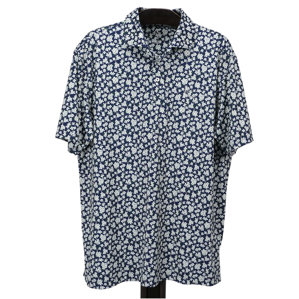 Rhoback Mens XL Performance Polo Shirt Navy Blue White Floral Dogwood AOP EUC